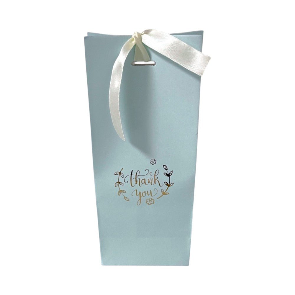 Pungă înaltă cu mesaj Thank you și panglică pentru închidere - bleu (set 50 buc) - 8x9.5x23cm - CraftUp