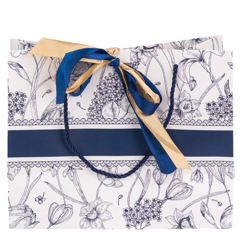 Pungă model floral cu 2 panglici colorate și mâner din sfoară - albastru (set 10 buc) 25x12x20cm - CraftUp