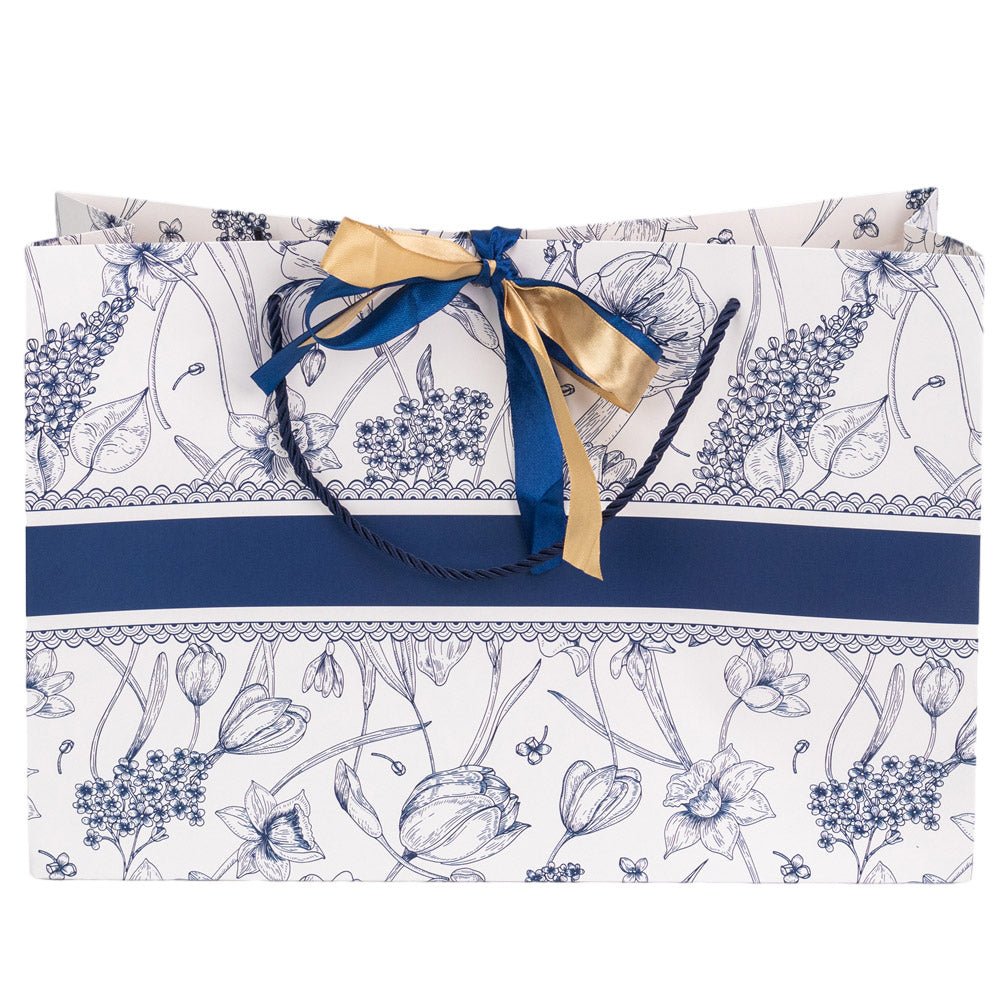 Pungă model floral cu 2 panglici colorate și mâner din sfoară - albastru (set 10 buc) 36x12x24cm - CraftUp