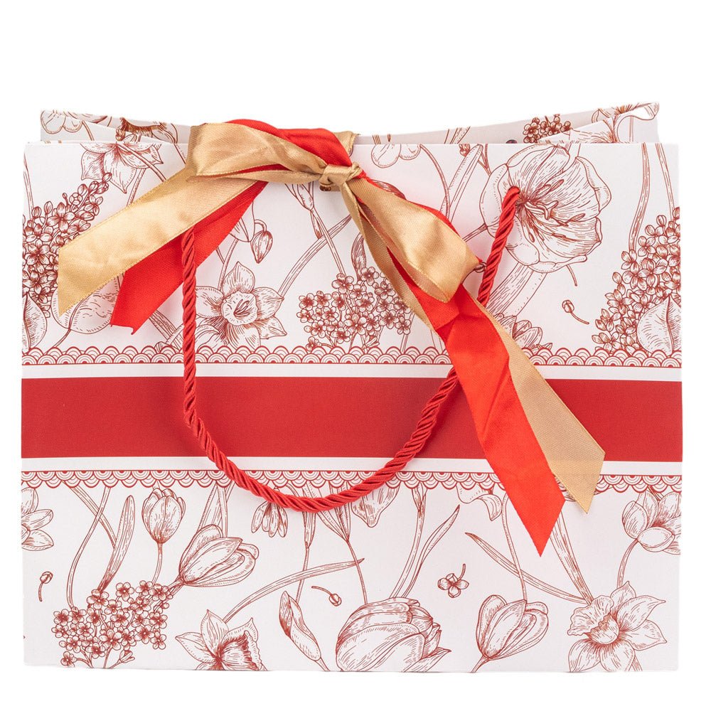 Pungă model floral cu 2 panglici colorate și mâner din sfoară - roșu (set 10 buc) 25x12x20cm - CraftUp