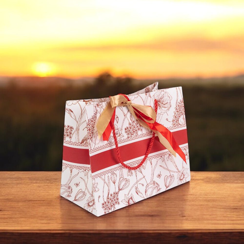 Pungă model floral cu 2 panglici colorate și mâner din sfoară - roșu (set 10 buc) 25x12x20cm - CraftUp