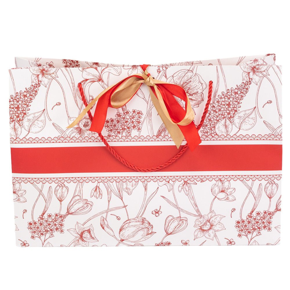 Pungă model floral cu 2 panglici colorate și mâner din sfoară - roșu (set 10 buc) 36x12x24cm - CraftUp