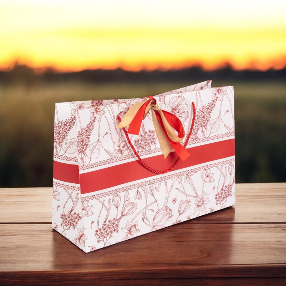 Pungă model floral cu 2 panglici colorate și mâner din sfoară - roșu (set 10 buc) 36x12x24cm - CraftUp