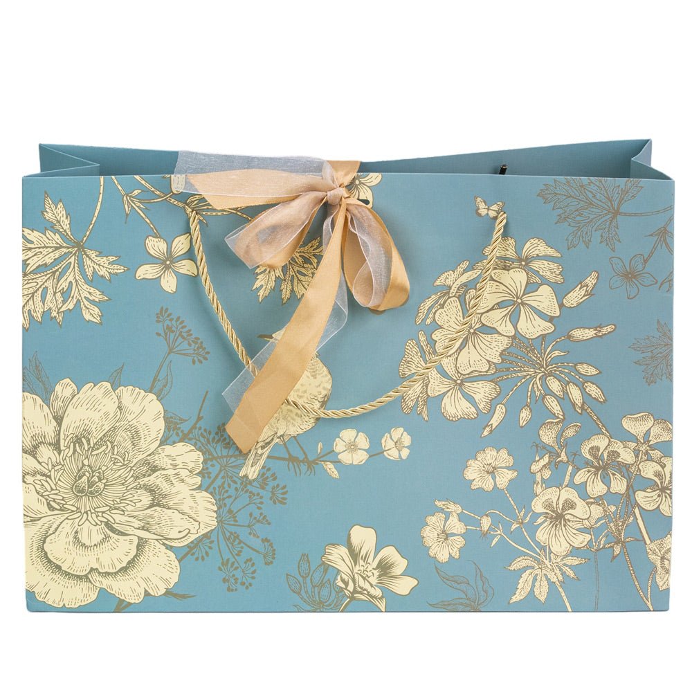 Pungă model floral cu 2 panglici colorate și mâner din sfoară - turcoaz (set 10 buc) 36x12x24cm - CraftUp