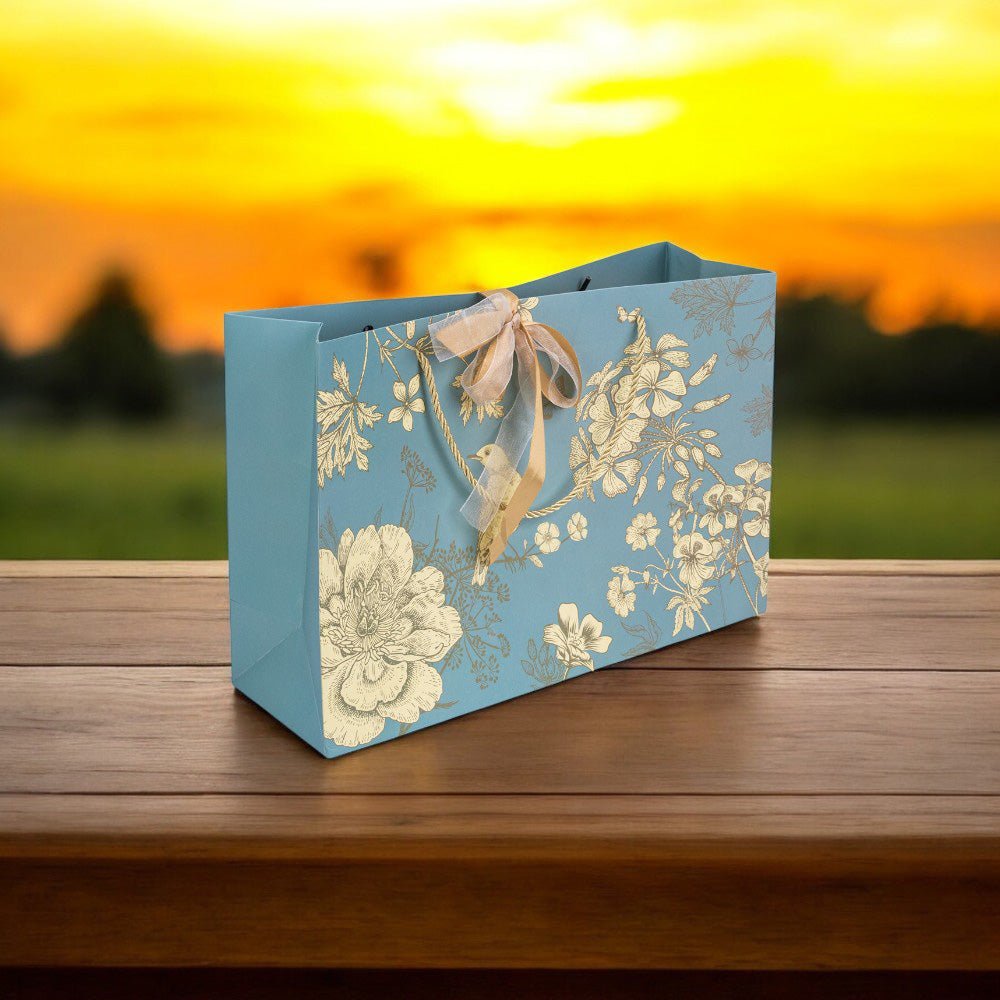 Pungă model floral cu 2 panglici colorate și mâner din sfoară - turcoaz (set 10 buc) 36x12x24cm - CraftUp