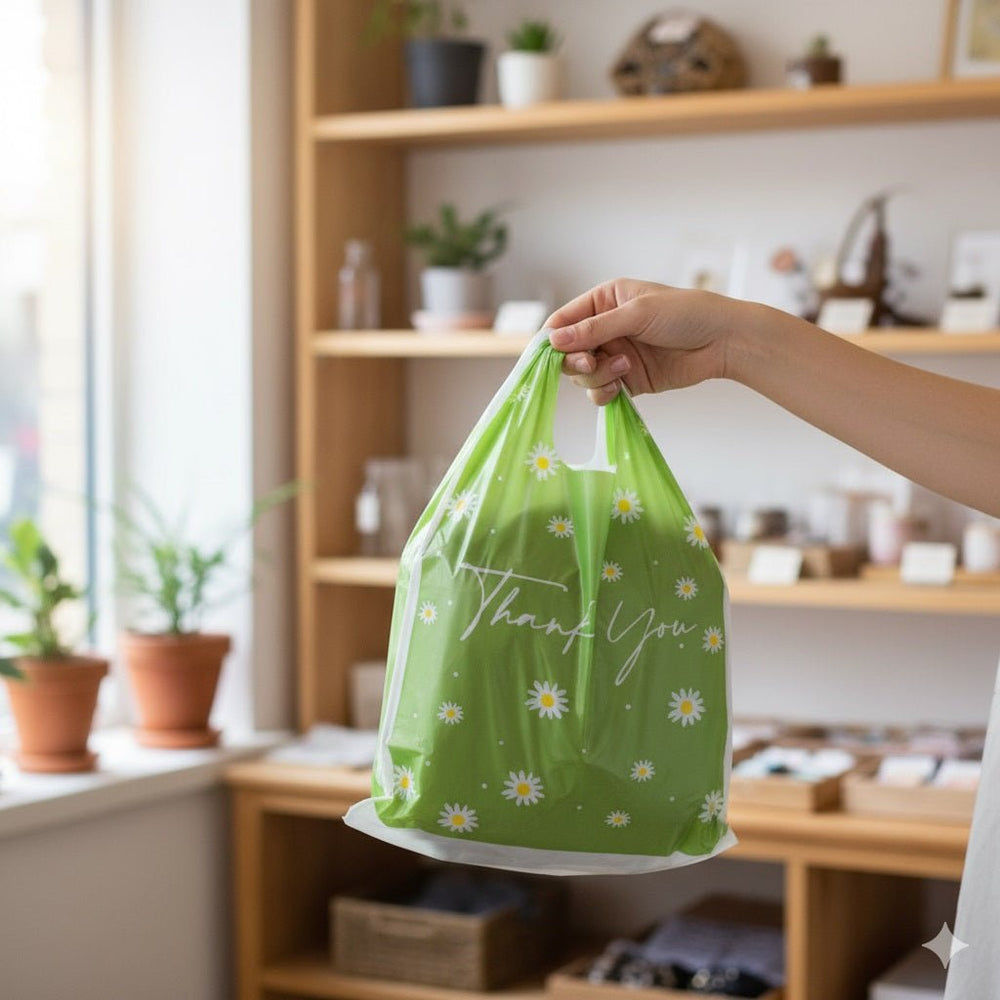 Pungă plastic Thank you cu margarete - verde (set 50 buc) - 17x25cm - CraftUp