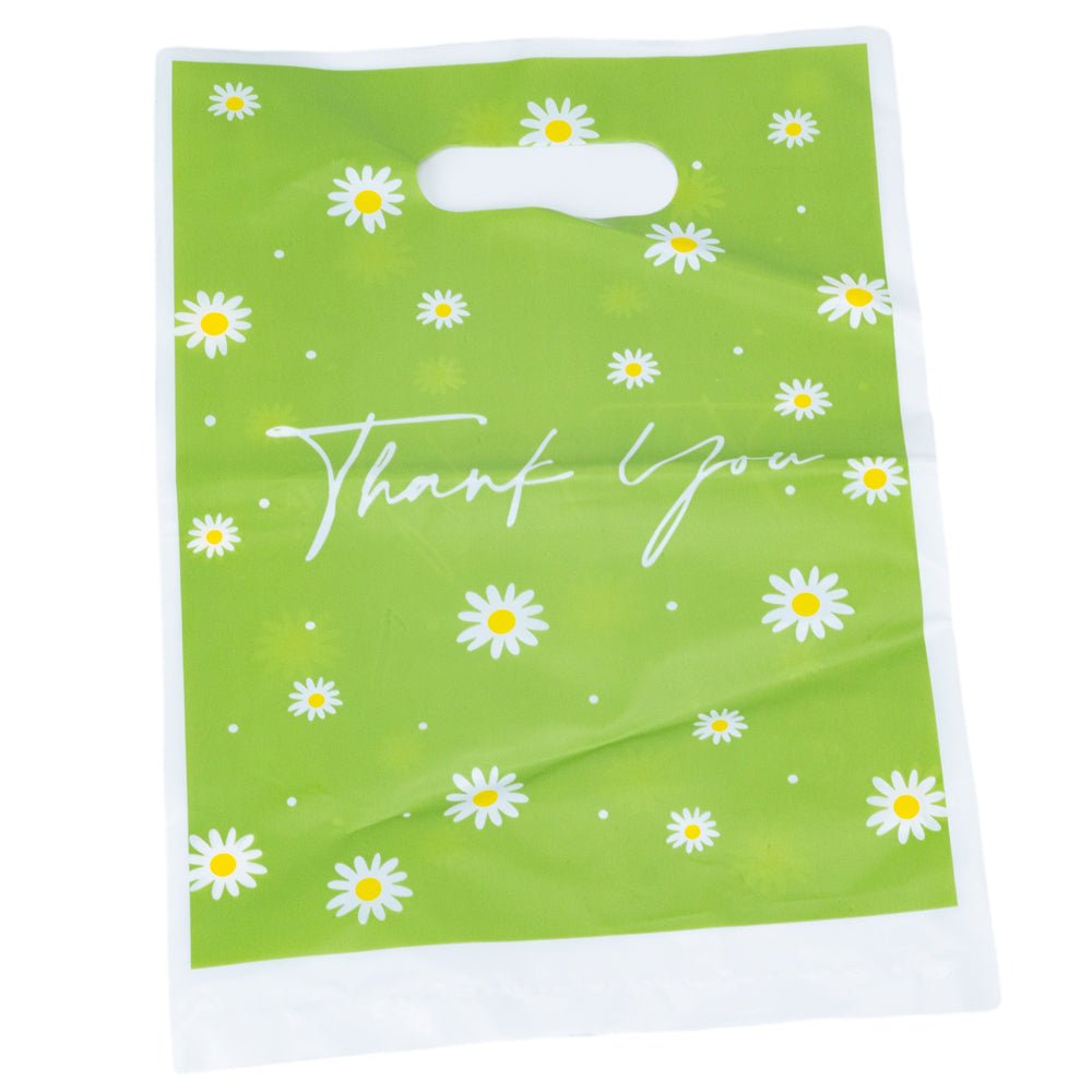 Pungă plastic Thank you cu margarete - verde (set 50 buc) - 17x25cm - CraftUp