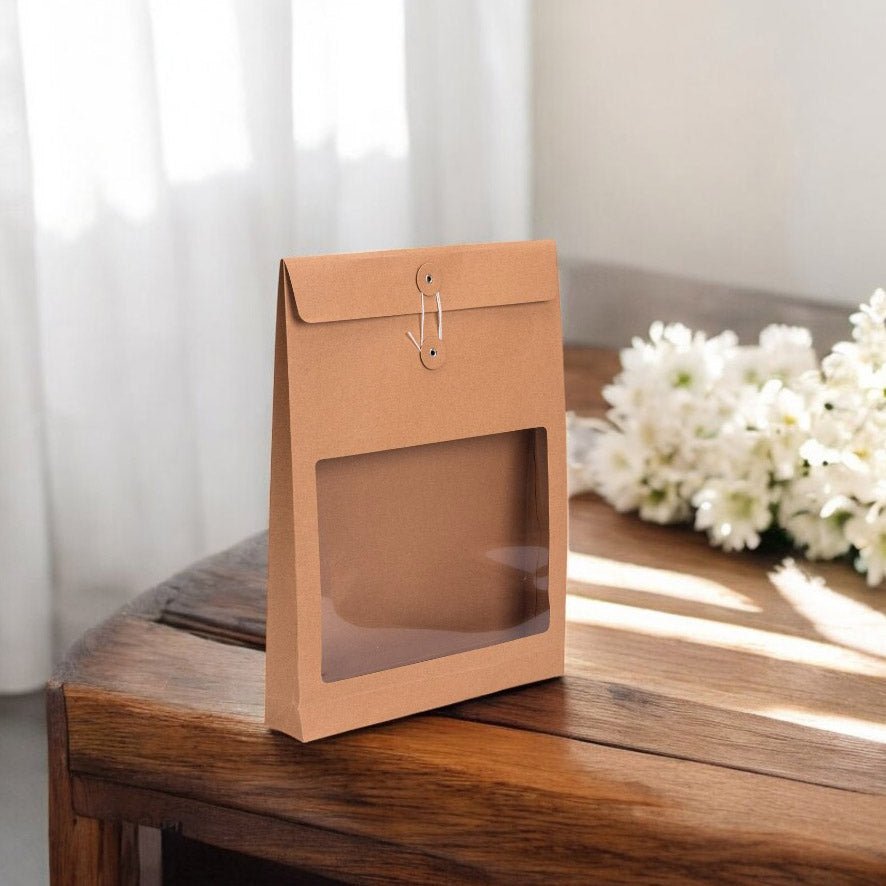 Pungă stand up cu fereastră și închidere cu sfoară - kraft (set 10 buc) 36x27x5cm - CraftUp