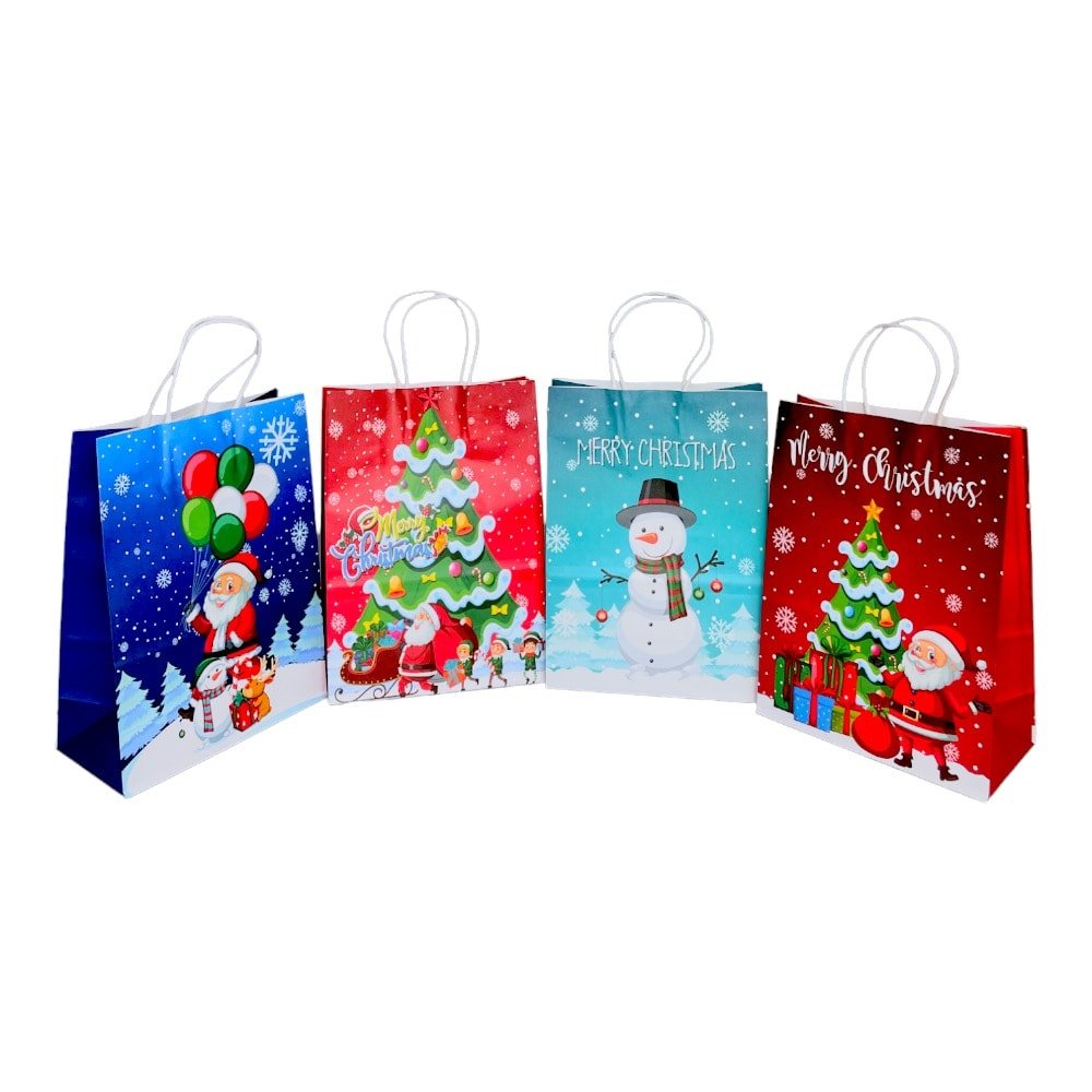 Pungi cadou Crăciun hârtie kraft mix 4 modele - model 6 A venit Moșul (set 12 buc) - CraftUp