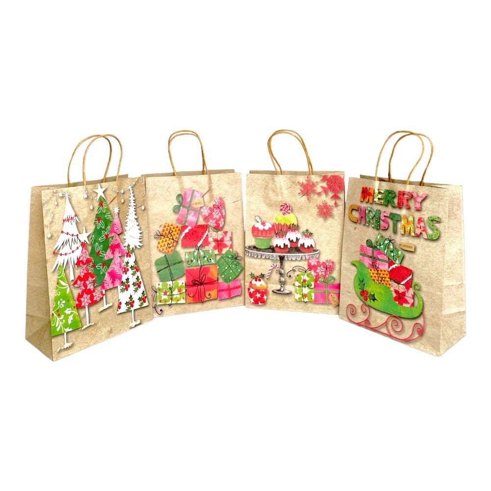 Pungi cadou Crăciun hârtie kraft mix 4 modele - model 7 Cadourile Moșului (set 12 buc) - CraftUp