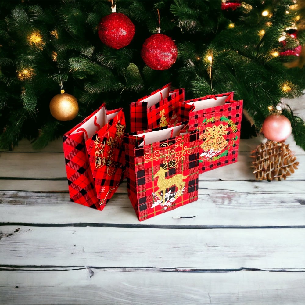 Pungi cadou Crăciun mix 4 modele - model 8 carouri (set 12 buc) - CraftUp