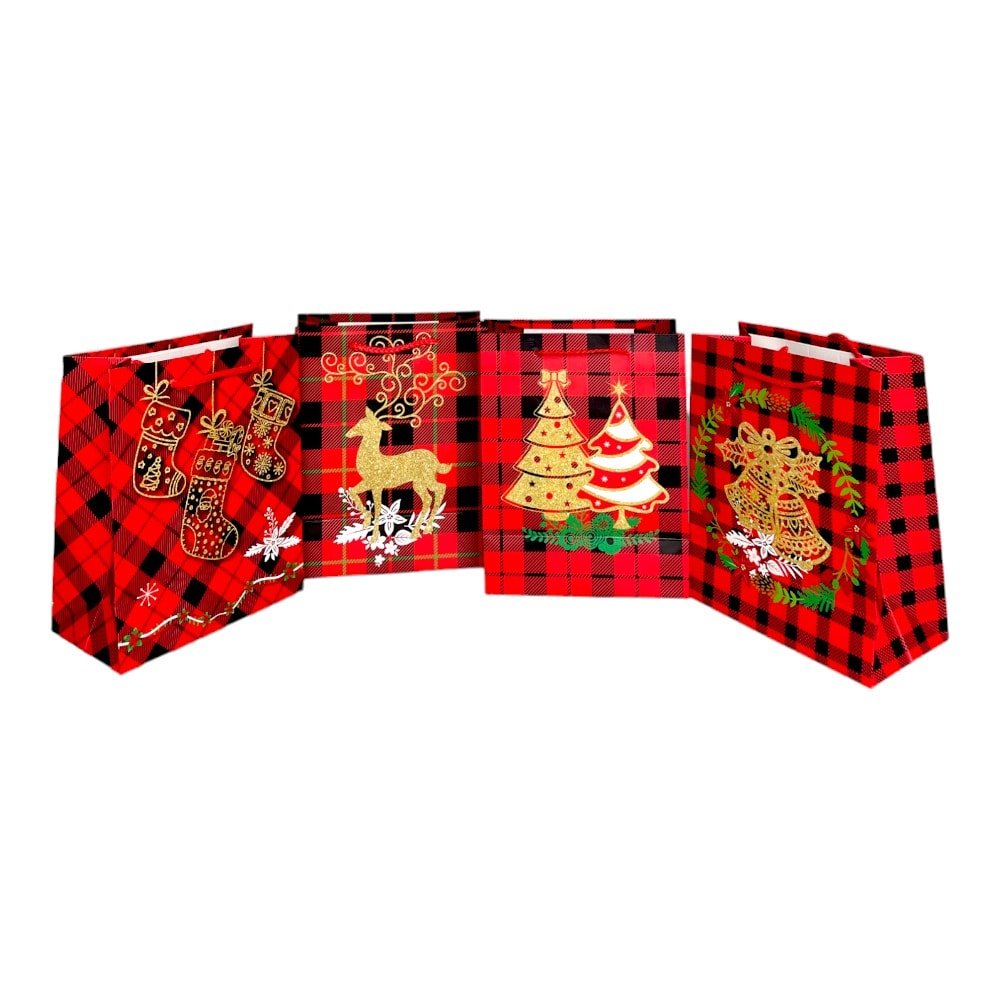 Pungi cadou Crăciun mix 4 modele - model 8 carouri (set 12 buc) - CraftUp