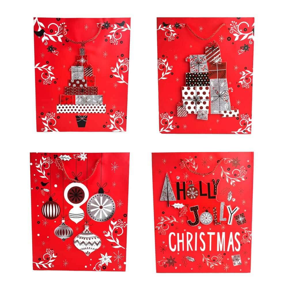 Pungi cadou Crăciun roșii 3D cu slipici model aleatoriu (set 12 buc) - CraftUp