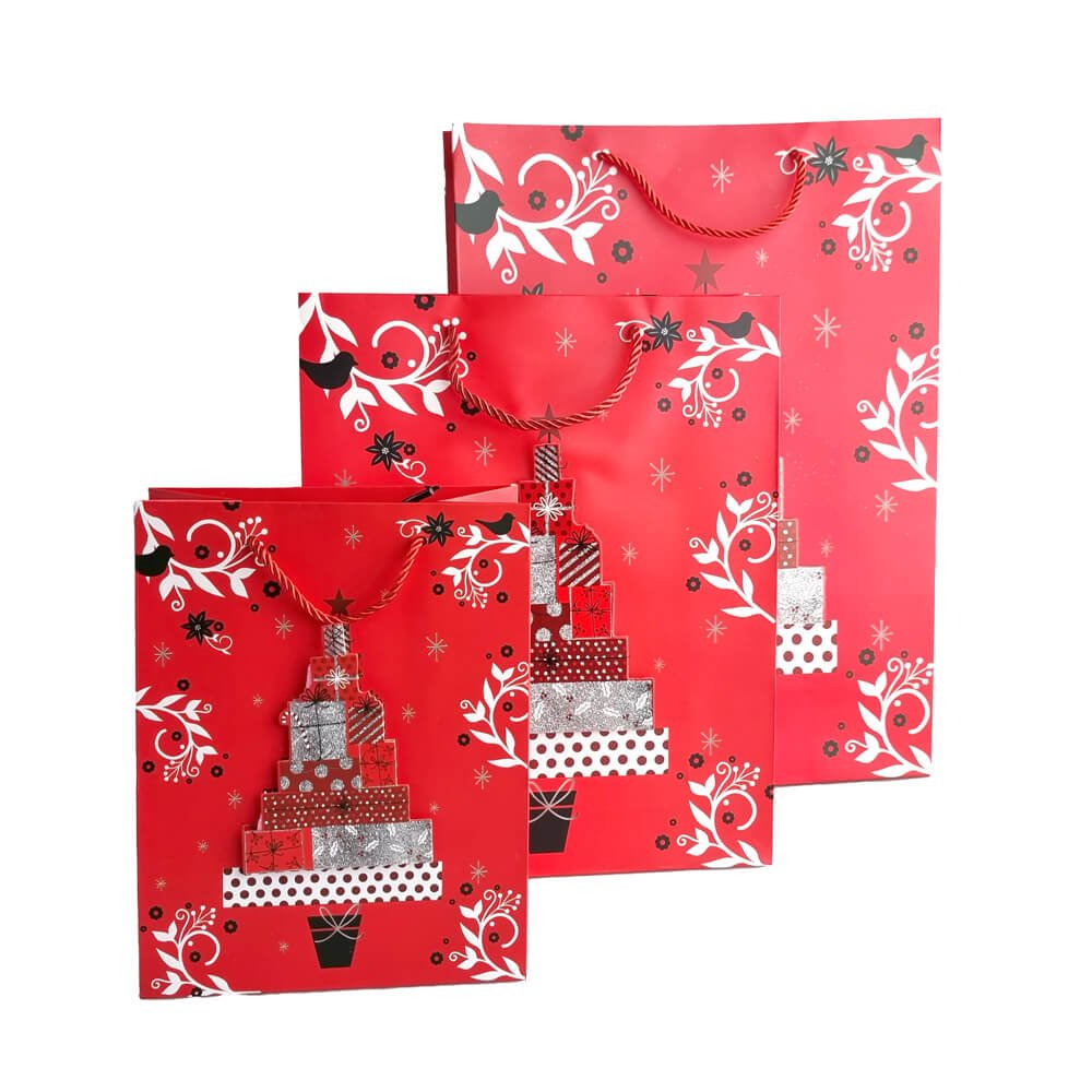 Pungi cadou Crăciun roșii 3D cu slipici model aleatoriu (set 12 buc) - CraftUp