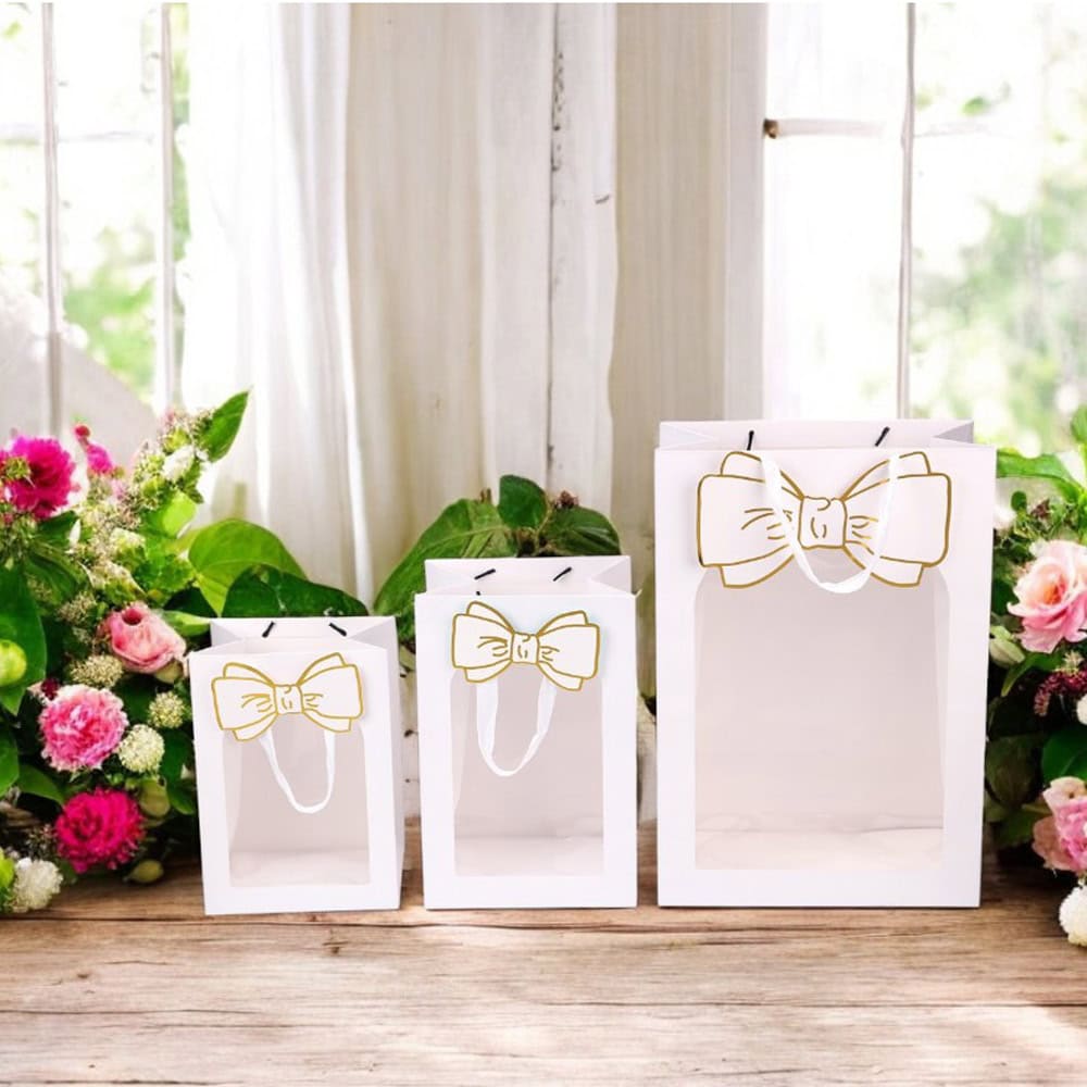 Pungi cadou cu fereastră și fundă - alb (set 12 buc) - CraftUp