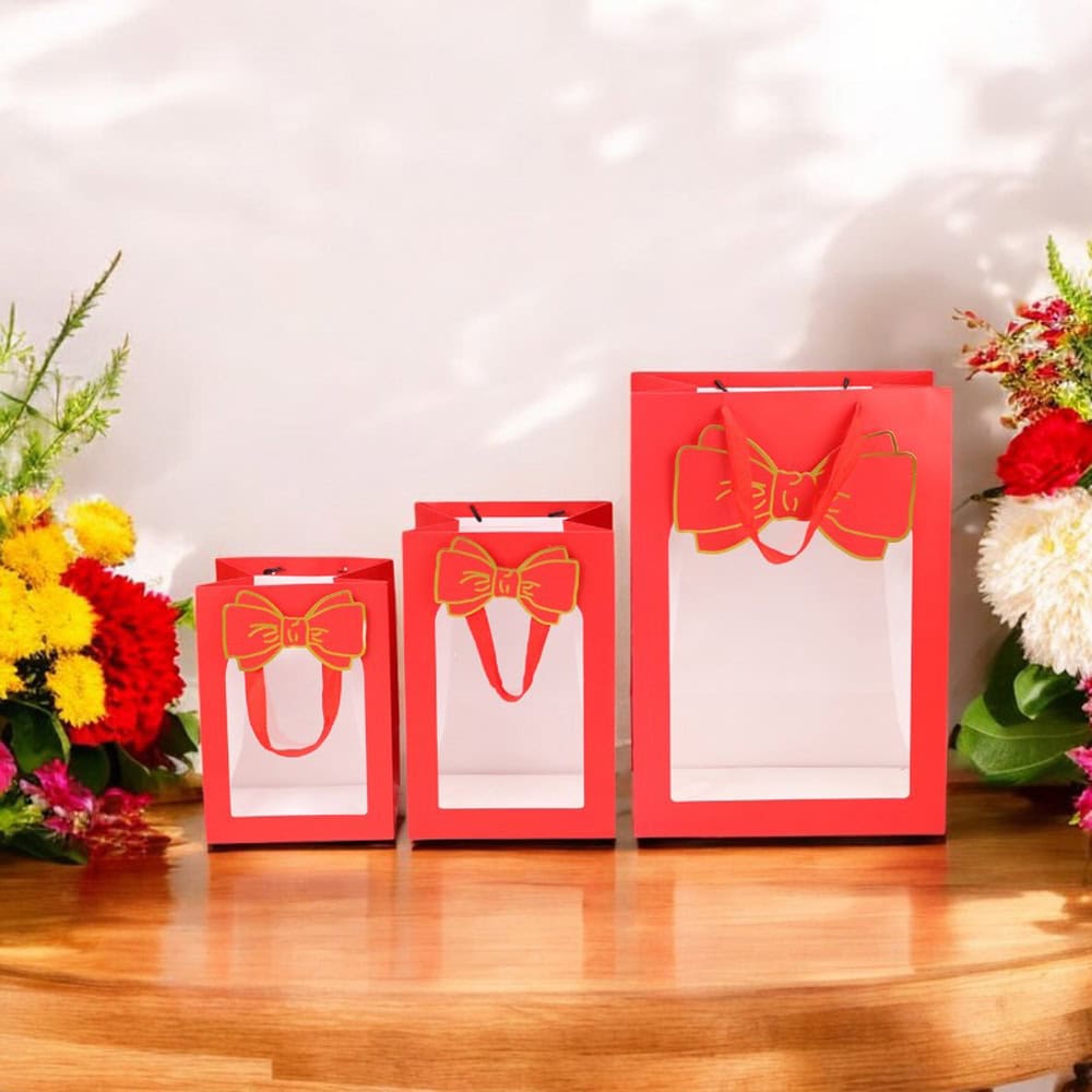 Pungi cadou cu fereastră și fundă - roșu (set 12 buc) - CraftUp