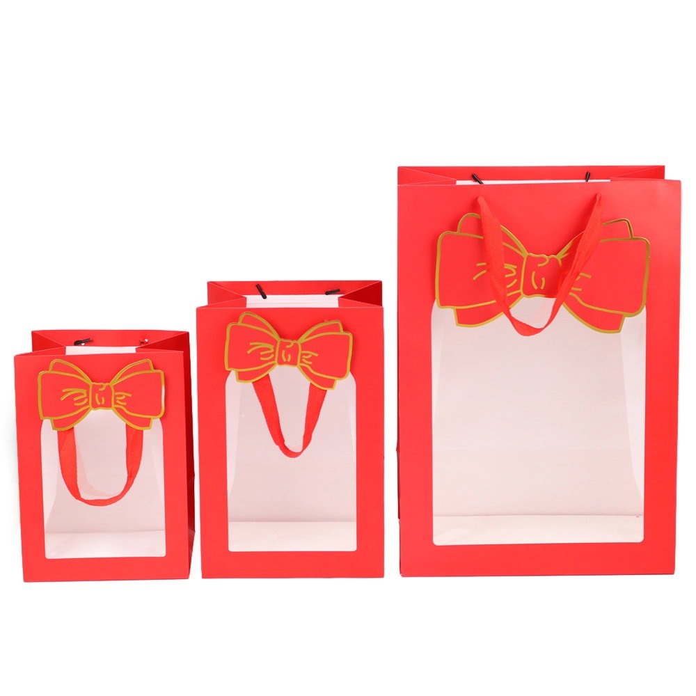 Pungi cadou cu fereastră și fundă - roșu (set 12 buc) - CraftUp