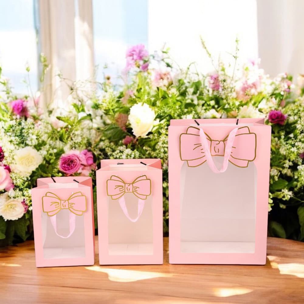 Pungi cadou cu fereastră și fundă - roz (set 12 buc) - CraftUp