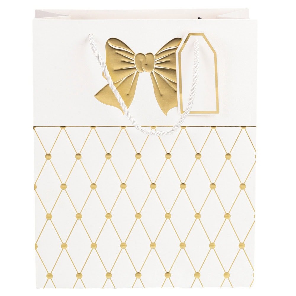 Pungi cadou cu mâner model fundă și romburi aurii 15x12x7cm - alb (set 12 buc) - CraftUp