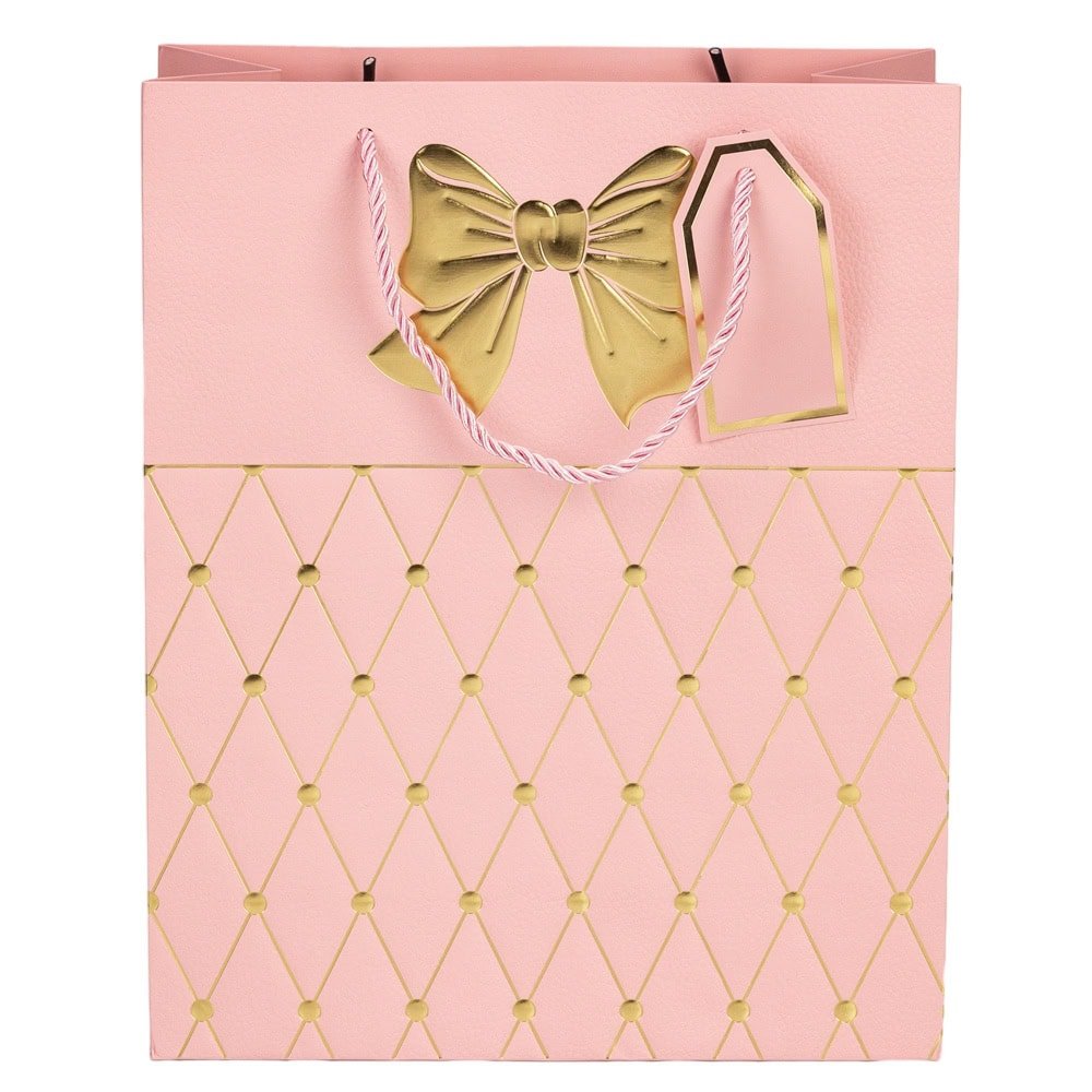 Pungi cadou cu mâner model fundă și romburi aurii 15x12x7cm - roz (set 12 buc) - CraftUp