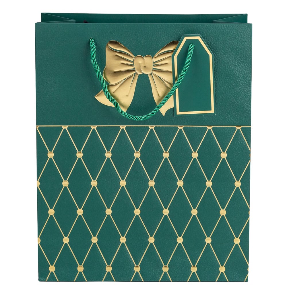 Pungi cadou cu mâner model fundă și romburi aurii 15x12x7cm - verde închis (set 12 buc) - CraftUp