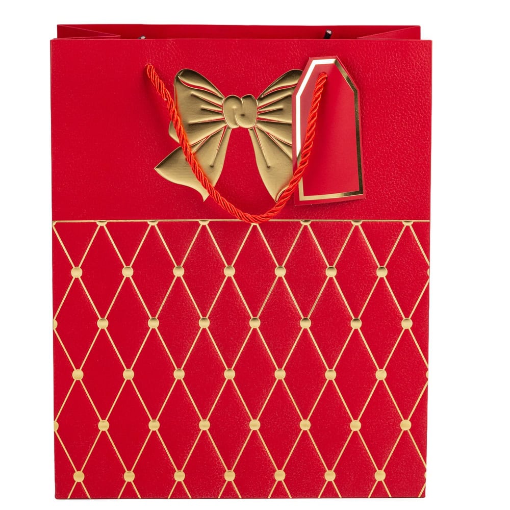 Pungi cadou cu mâner model fundă și romburi aurii 26x32x12cm - roșu (set 12 buc) - CraftUp