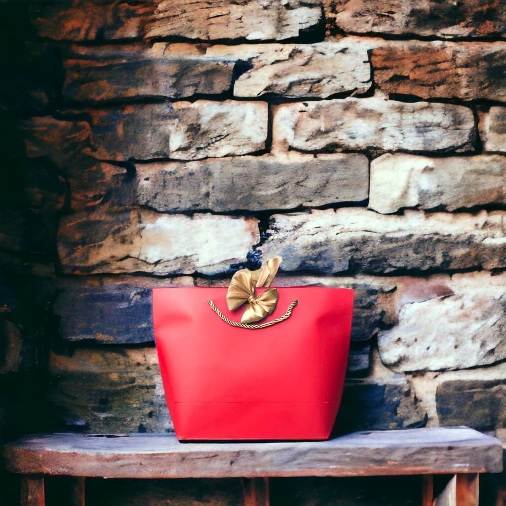 Pungi cadou cu mâner și fundă aurie - roșu (set 12 buc) - CraftUp