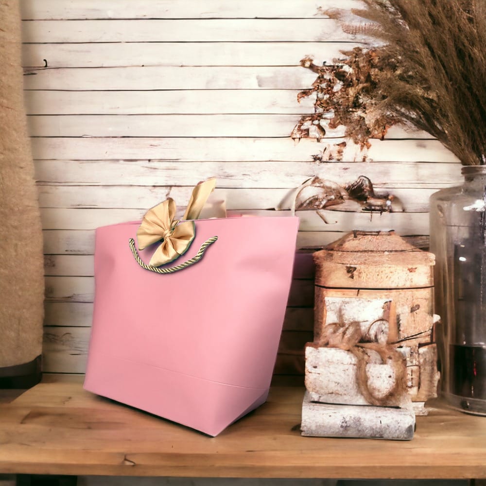 Pungi cadou cu mâner și fundă aurie - roz (set 12 buc) - CraftUp