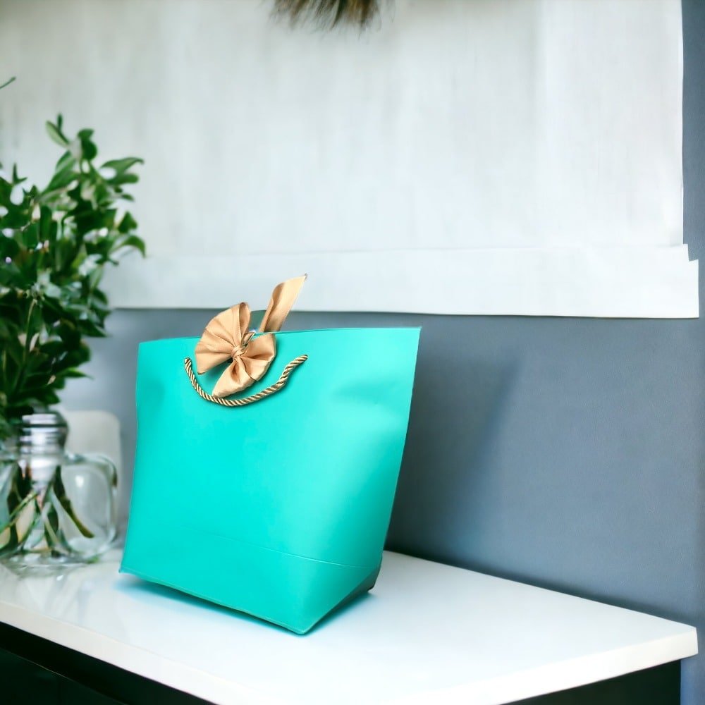 Pungi cadou cu mâner și fundă aurie - turcoaz (set 12 buc) - CraftUp
