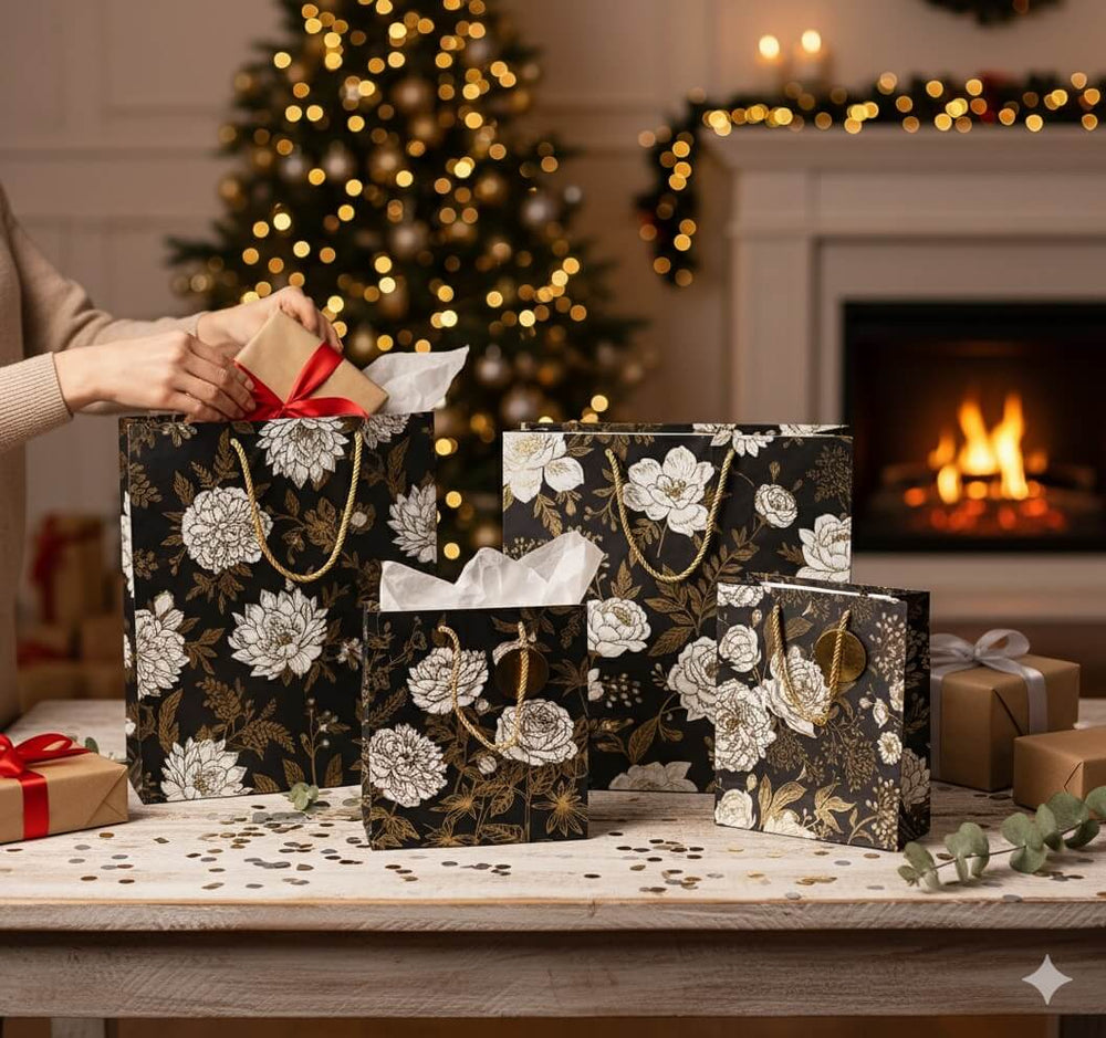 Pungi cadou cu model floral alb negru, mix 4 modele - CraftUp