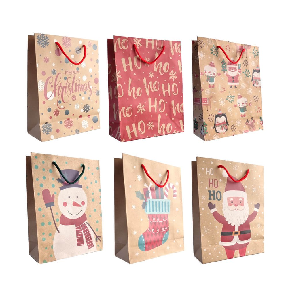 Pungi cadou kraft Crăciun model aleatoriu (set 12 buc) - CraftUp