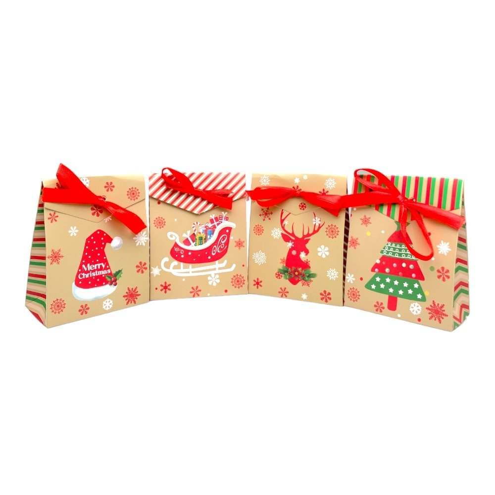 Pungi Crăciun cu panglică satin mix 4 modele (set 24 buc) 4x8x10cm - CraftUp