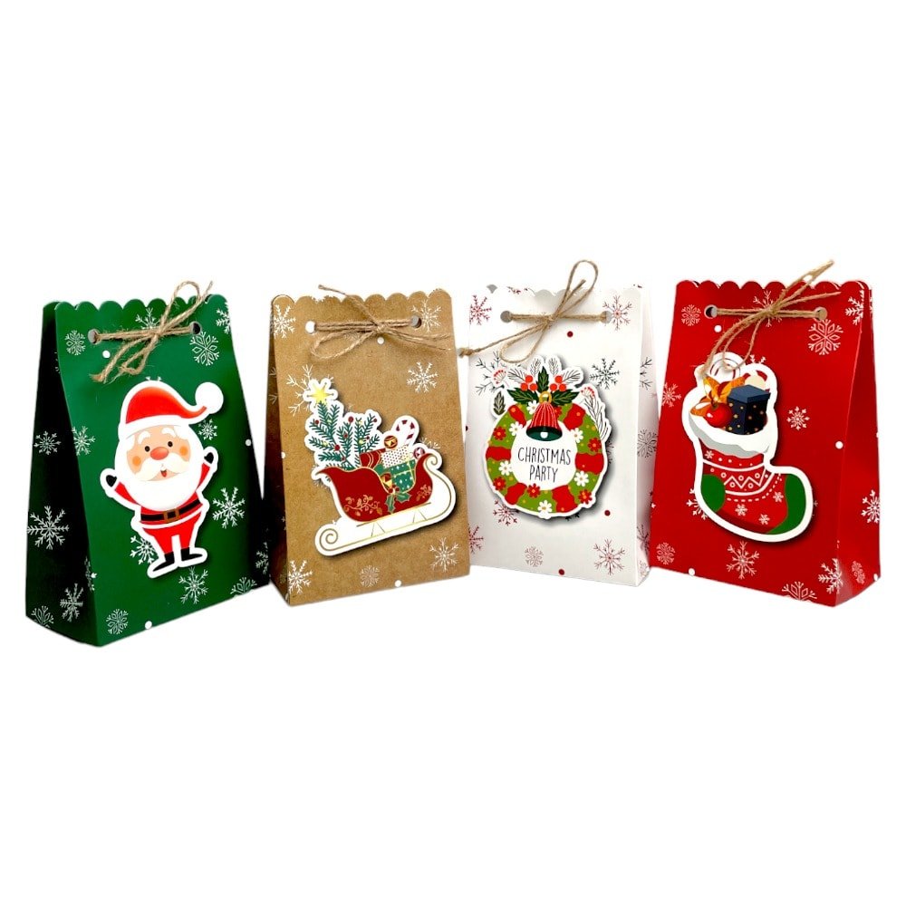 Pungi Crăciun cu sfoară iută mix 4 modele 3D (set 24 buc) 7x11.5x18cm - CraftUp