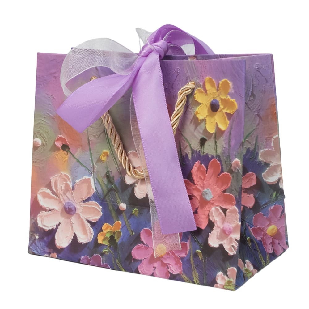 Pungi design pictură 3D cu mâner, fundă satinată și organza - mov (set 12 buc) - CraftUp