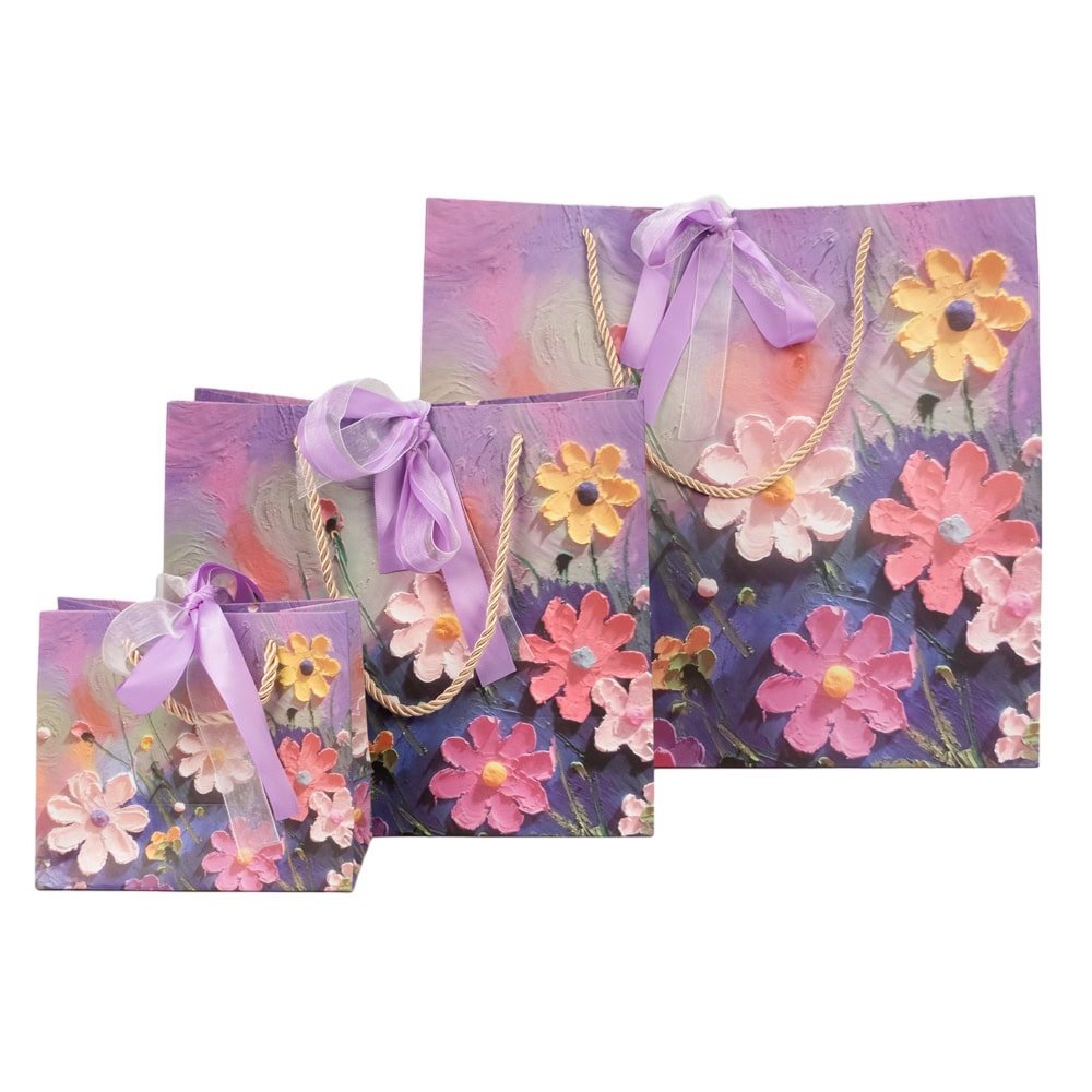 Pungi design pictură 3D cu mâner, fundă satinată și organza - mov (set 12 buc) - CraftUp