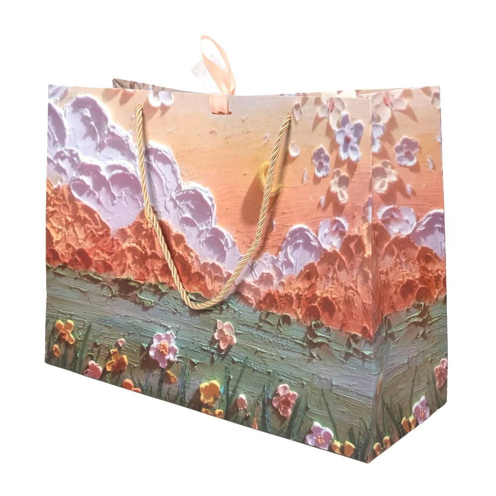 Pungi design pictură 3D cu mâner, fundă satinată și organza - portocaliu (set 12 buc) - CraftUp