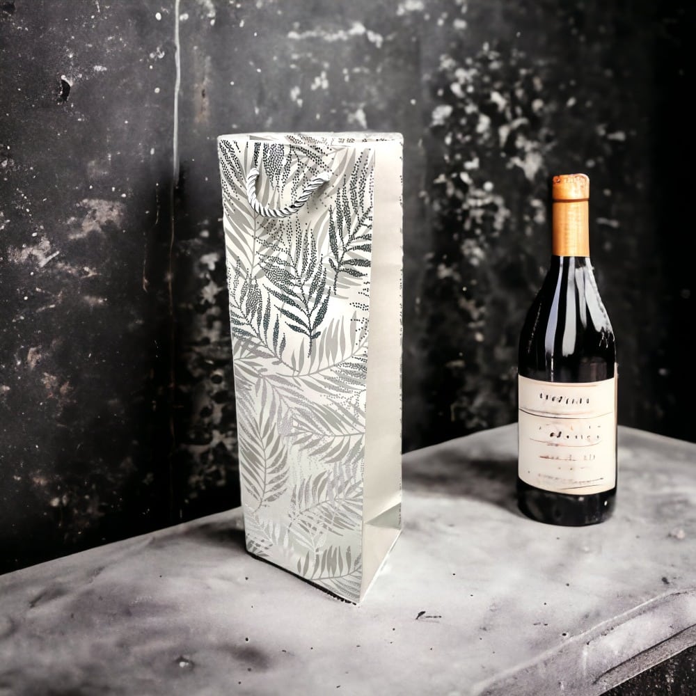 Pungi din hârtie pentru sticle model frunze - argintiu (set 12 buc) 36x9x12cm - CraftUp