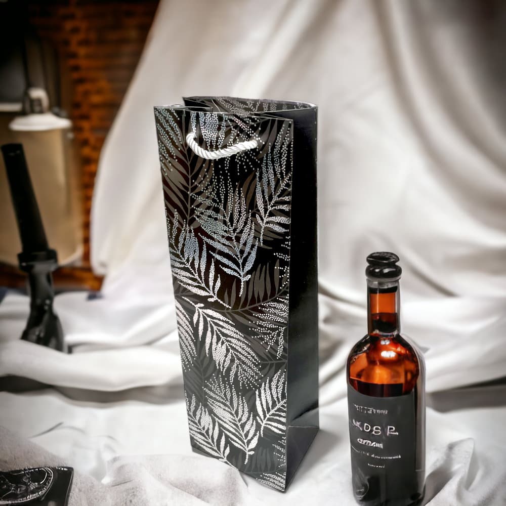 Pungi din hârtie pentru sticle model frunze - negru (set 12 buc) 36x9x12cm - CraftUp