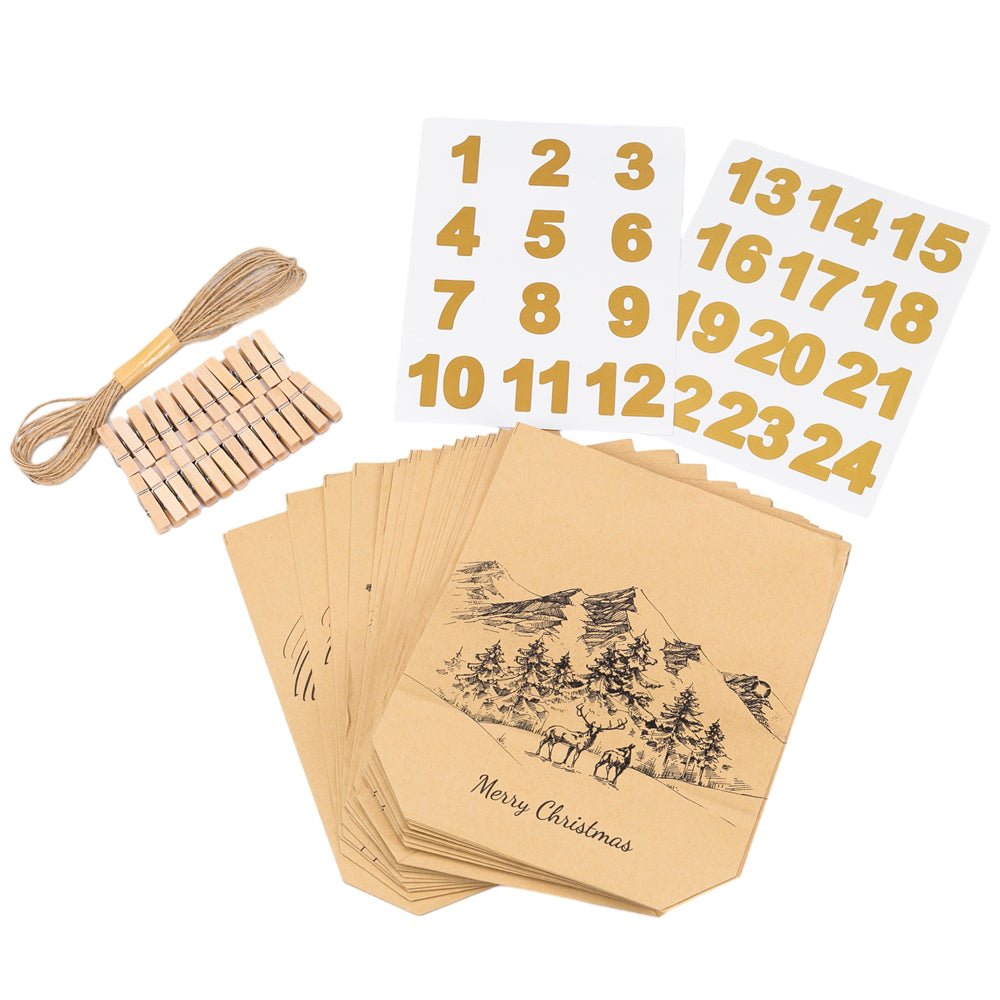 Pungi kraft advent Crăciun cu sfoară, clipsuri și stickere mix 6 modele - CraftUp