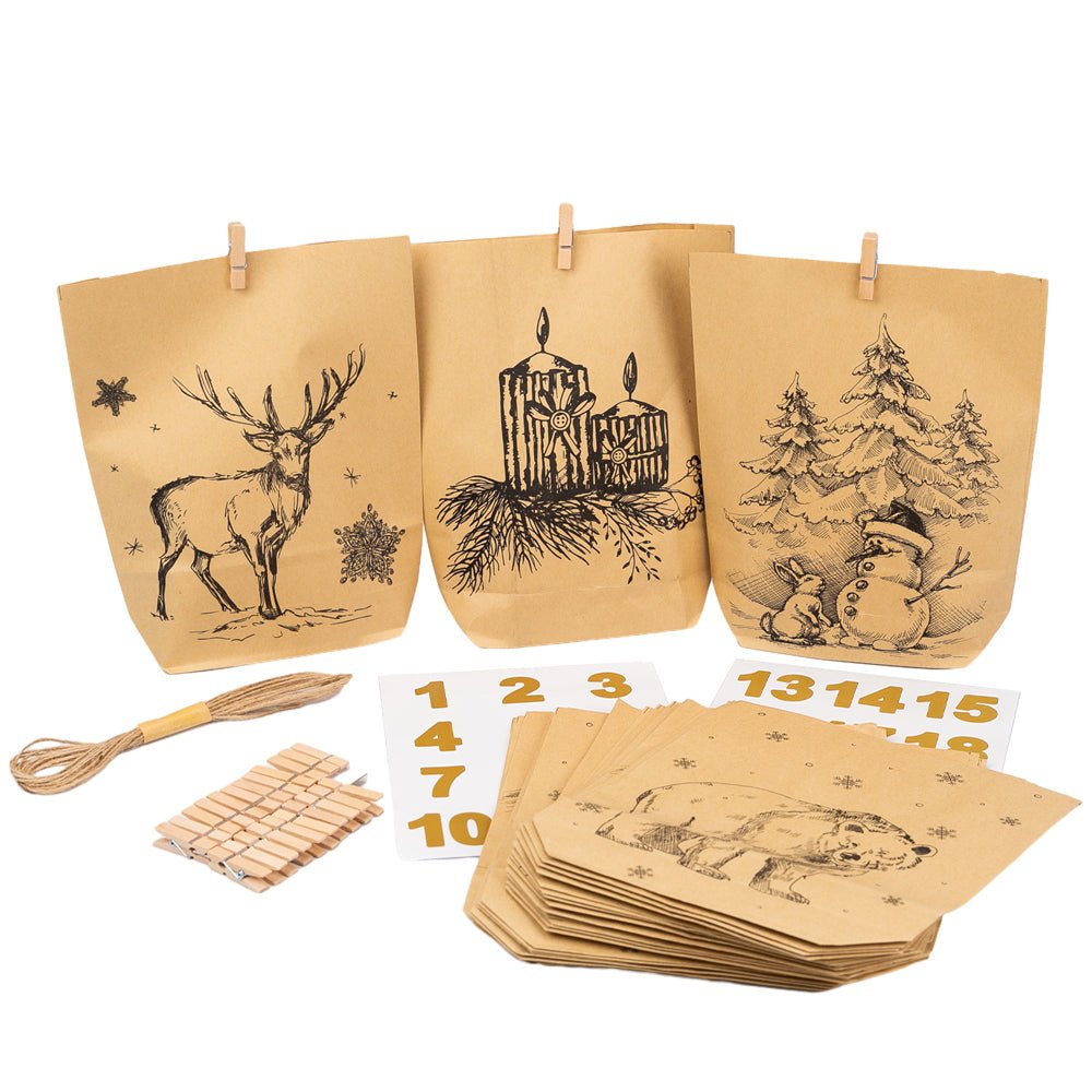 Pungi kraft advent Crăciun cu sfoară, clipsuri și stickere mix 6 modele - CraftUp