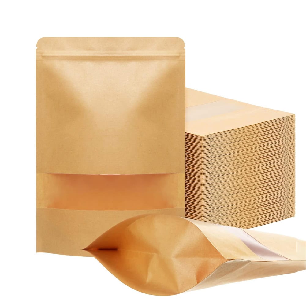 Pungi stand up reutilizabile cu fereastră și fermoar - kraft (set 100 buc) - CraftUp