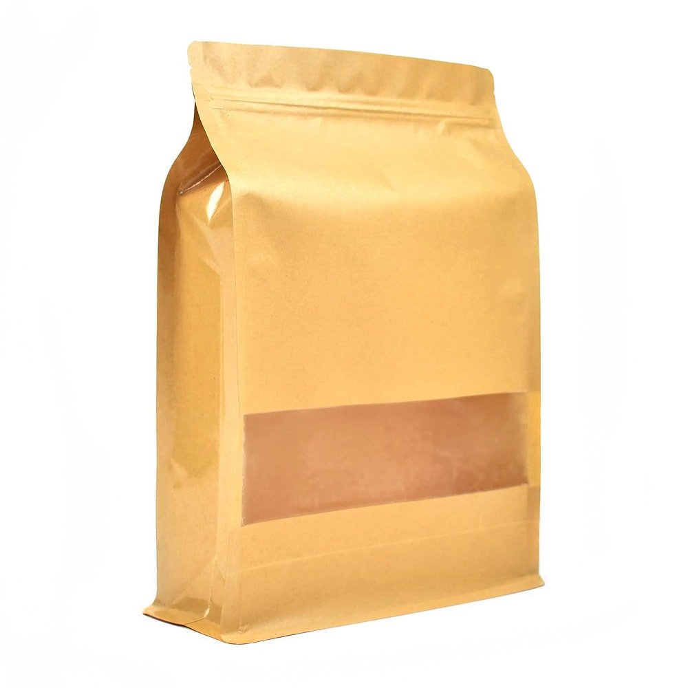 Pungi stand up reutilizabile cu fund plat, fereastră și fermoar - kraft (set 50 buc) - CraftUp