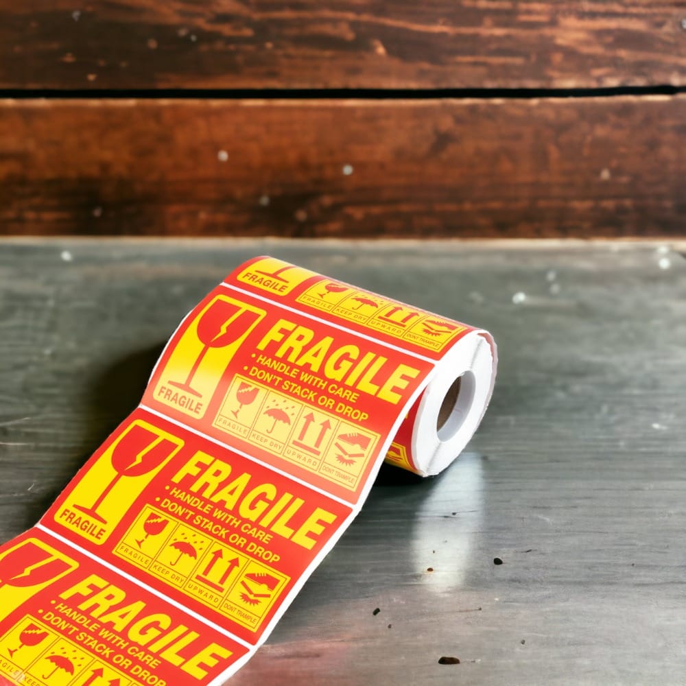 Rolă 300 stickere Fragile dreptunghiulare 12.7x7.6cm - model 3 (galben) - CraftUp