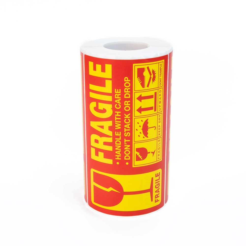 Rolă 300 stickere Fragile dreptunghiulare 12.7x7.6cm - model 3 (galben) - CraftUp