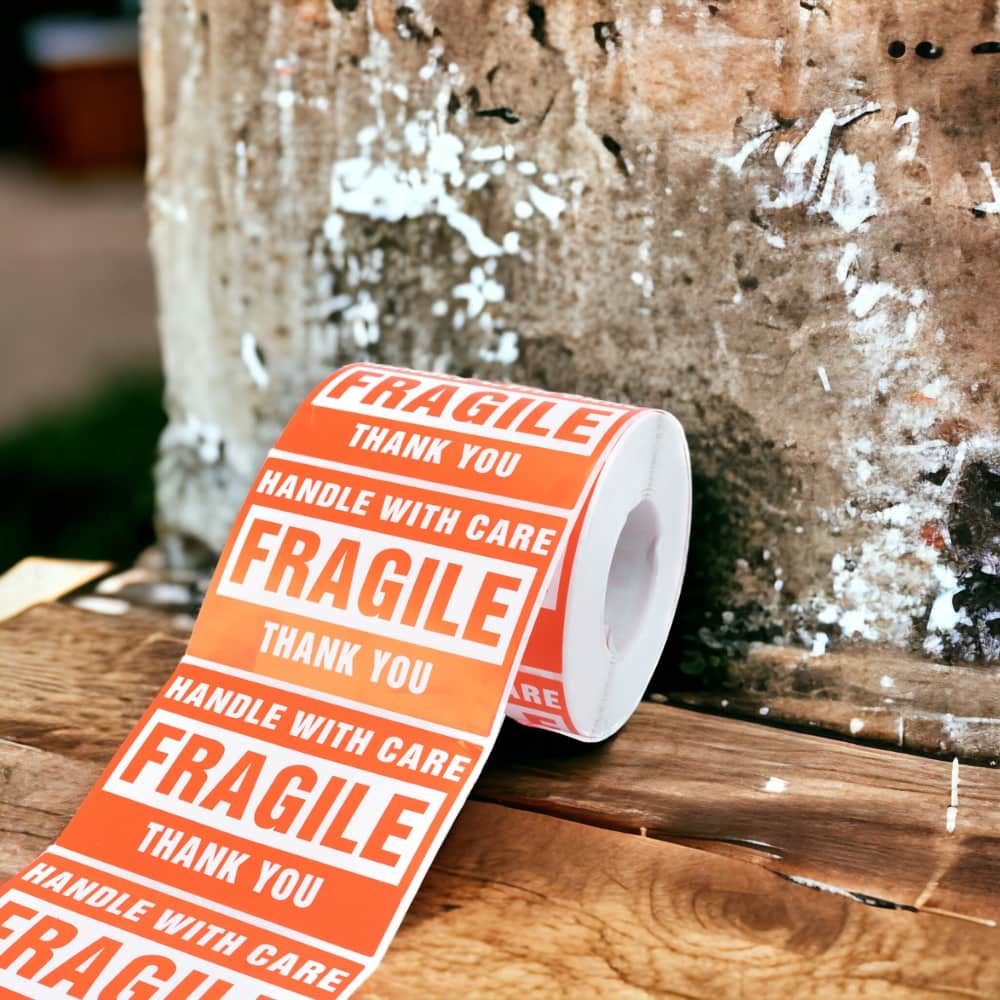 Rolă 500 stickere Fragile dreptunghiulare 5x7.5cm - model 2 (alb - rosu) - CraftUp