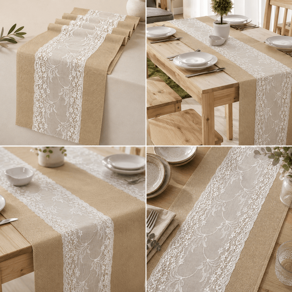 Runner masă din in cu dantelă - beige - CraftUp