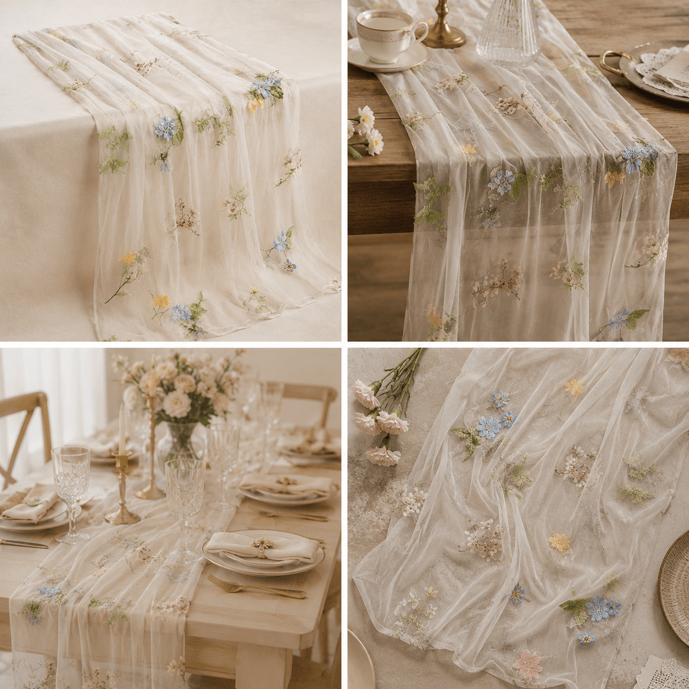 Runner masă tul cu flori brodate - beige - CraftUp