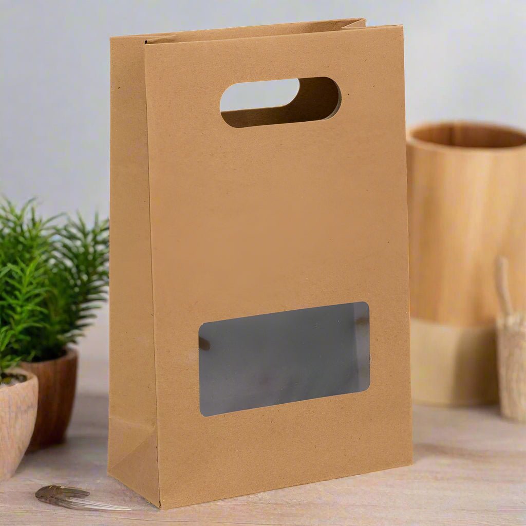 Sacoșâ hârtie cu mâner integrat și fereastră - kraft (set 12 buc) - CraftUp