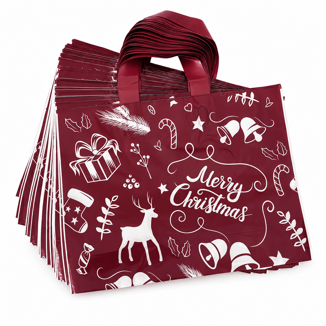 Sacoșe cadou de Crăciun cu ren și Merry Christmas - vișiniu (set 50 buc) - CraftUp