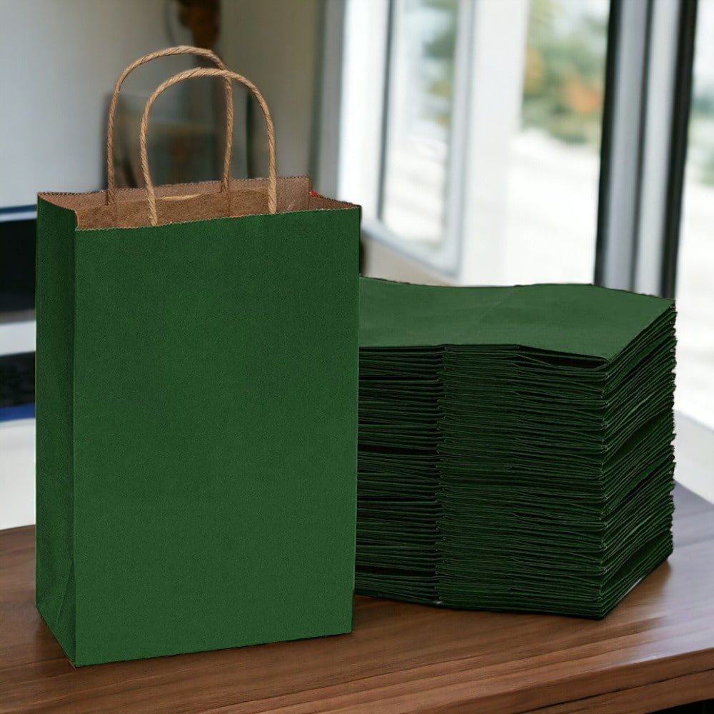 Sacoșe hârtie cu mâner răsucit - verde închis (set 12 buc) - CraftUp